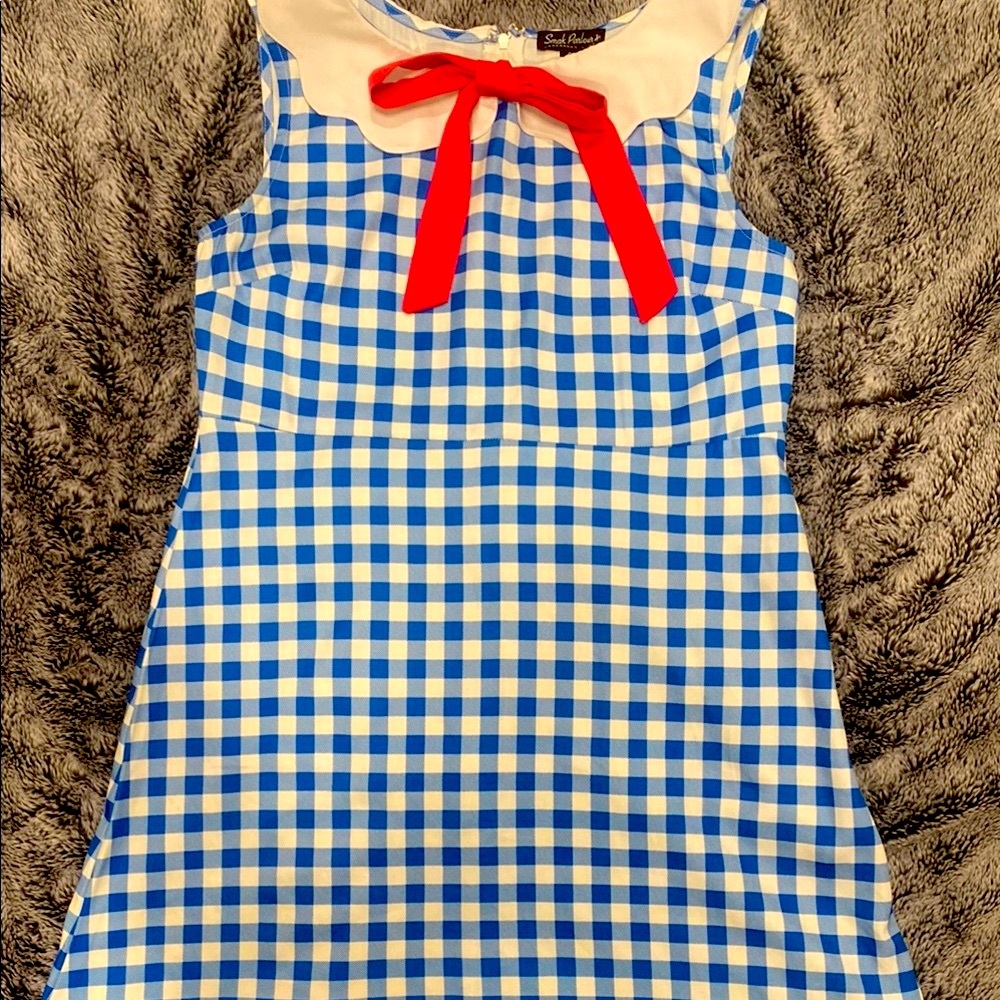 Smak Parlour Blue Checkered Mini Dress with Red Accent